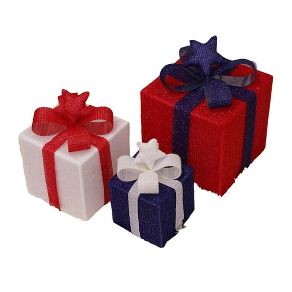 Set of 3 LED Lighted Christmas Gift Boxes in Red Blue White, Pre-lit LED Light Present Boxes with Bows, Battery Powered Indoor Outdoor Holiday Decor for Tree Yard