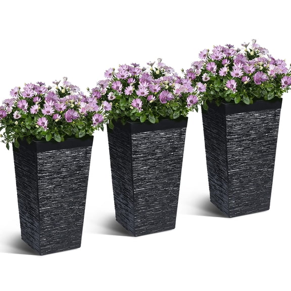 Set of 3 Large Black Rectangular Planter Boxes - 22.7 Inch Tall Modern Outdoor & Indoor Flower Pots with Drainage & Wheels - Durable, Weather Resistant, Ideal for Garden, Patio, Porch - Color: Black