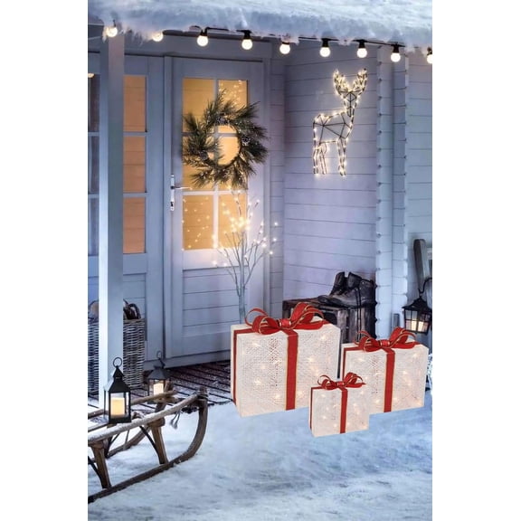 Set of 3 Large Lighted Gift Boxes Christmas Decoration - Pre-Lit Present with Ribbons and Bows - Light up Gift Box for Indoor Outdoor Yard Home Decor - 13 in Tall (Large)