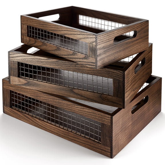 Set of 3 Large Wooden Nesting Baskets with Handles, Rustic Storage Organizer for Kitchen, Pantry, Bathroom Fruit, Vegetable, Bread Crates, Durable Countertop Containers