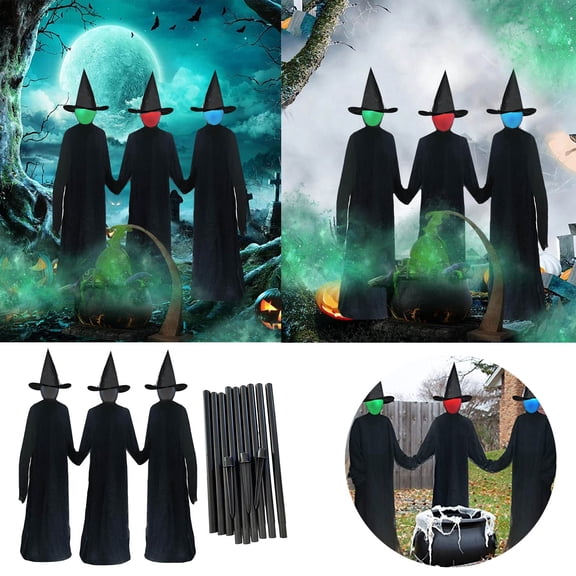 Set of 3 Life Size Light Up Screaming Witches for Halloween Outdoor Garden Decoration Sound Activated Spooky Decor with Stakes for Yard Party Display Black