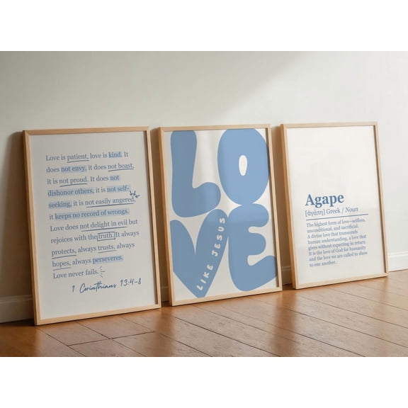 Set Of 3 Light Blue Aesthetic Bible Verse Poster Bundle Neutral Christian Posters For Teens Set Love Like Jesus Poster 1 Corinthians 13 Poster, Poster Only
