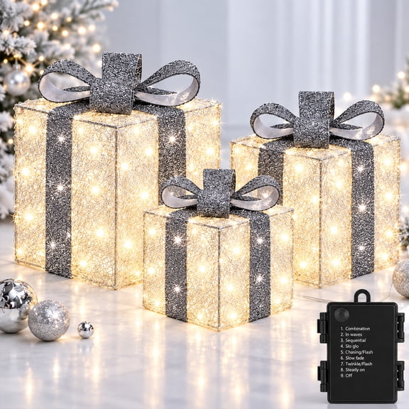 Set of 3 Light up Presents Christmas Decor,Fake Lighted Gift Boxes with 120 LED Warm White Lights, 8 Modes Battery Operated Christmas Decorations for Under Tree Indoor Outdoor Yard Porch, White Yarn
