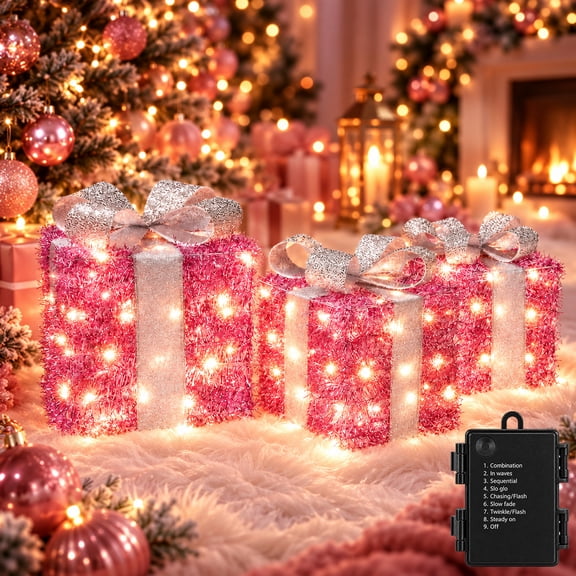 Set of 3 Light up Presents Christmas Decor,Fake Lighted Gift Boxes with 120 LED Warm White Lights, 8 Modes Battery Operated Christmas Decorations for Under Tree Indoor Outdoor Yard Porch, Pink