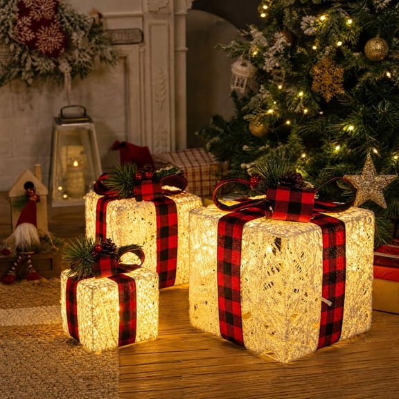 Set Of 3 Lighted Christmas Gift Boxes Decor Red Black Plaid Ribbon, Snow Flocked White Present Box with Berries for Tree Fireplace, Warm Glowing LED Lit Display for Indoor Holiday Home Decoration