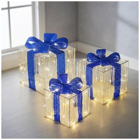 Set of 3 Lighted Gift Boxes - LED Pre-Lit, Plug-in Light Up Presents Box - Decor for Tree, Indoor Outdoor Home, Yard, Lawn - for Holiday, Party, Anniversary