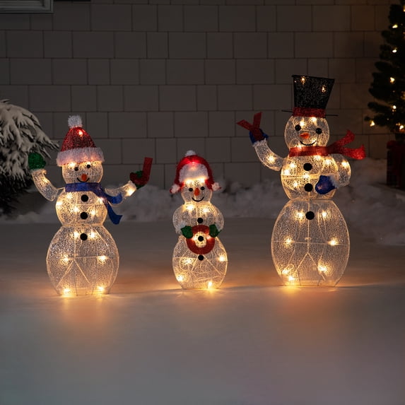 Northlight Lighted Glittering Mesh JOY Snowmen Outdoor Christmas Decoration - 29" - Set 3