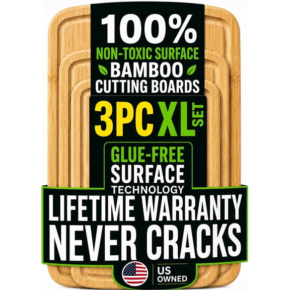 Set of 3 Luxury Bamboo Cutting Boards Featuring Glue-Free Surface Technology, Extra Large Spacious Wooden Chopping Boards for Kitchen Use, Lifetime Replacement Available
