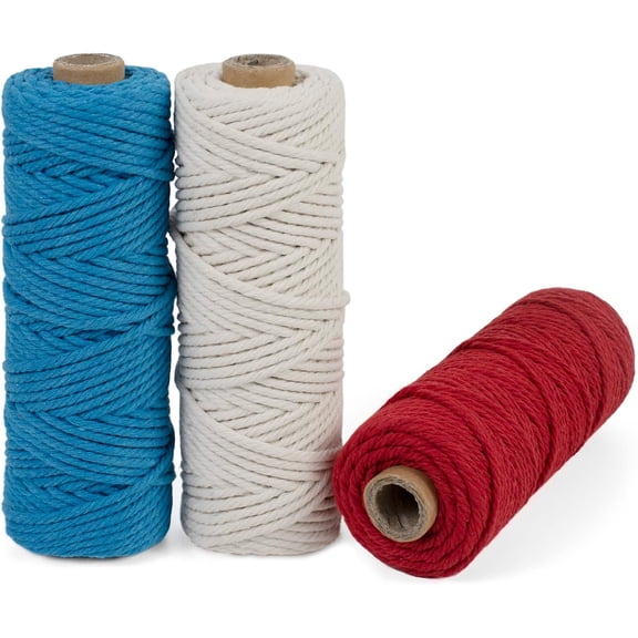 Set of 3 Macrame Cord 3mm x 164feet, Natural Cotton Colored Rope Yarn, 4 Strand Twisted Twine String for Crafts DIY Wall Hanging Plant Hangers Supplies (3 Color P) Lake Blue, Natural, Red 492feet