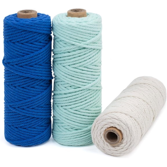 Set of 3 Macrame Cord 3mm x 164feet, Natural Cotton Colored Rope Yarn, 4 Strand Twisted Twine String for Crafts DIY Wall Hanging Plant Hangers Supplies (3 Color I) Navy Blue, Light 492feet