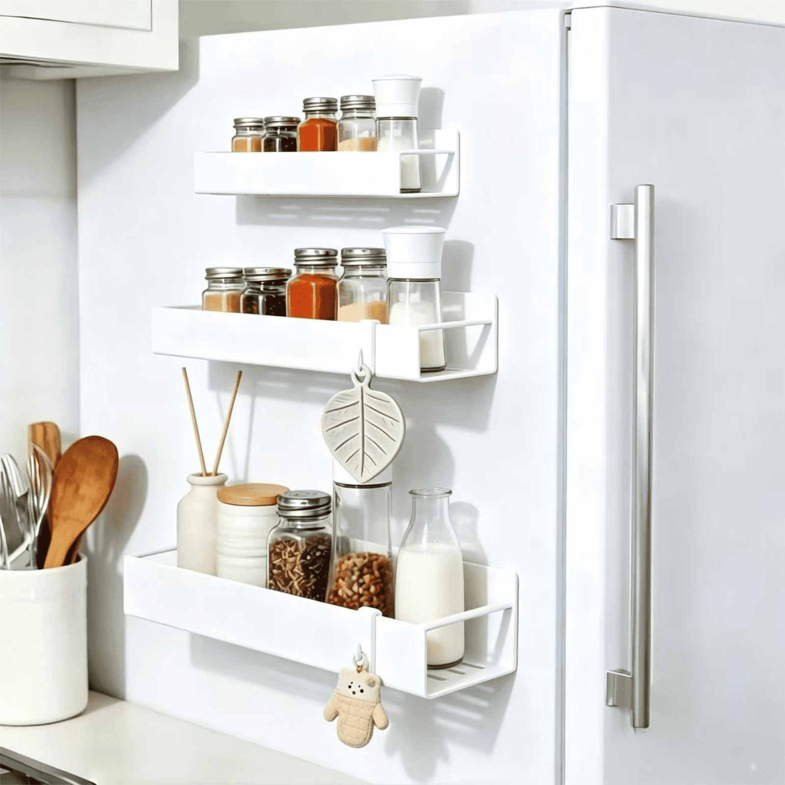 Set of 3 Magnetic Metal Rack for Refrigerator Side White, Kitchen Storage Shelf with Hooks – Holds Jars, Bottles, Cans – Space-Saving Fridge Organizer