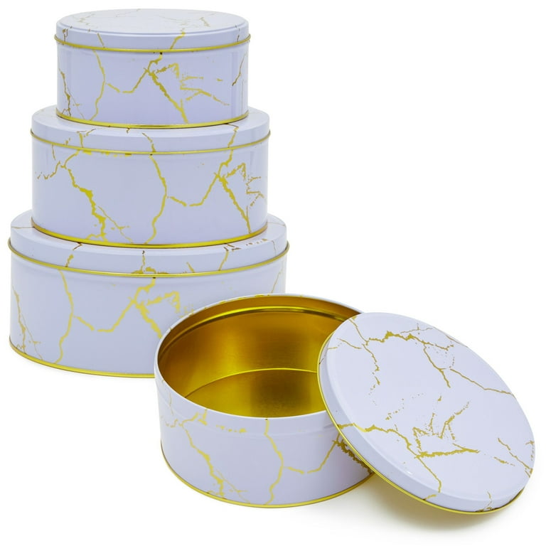 Set of 3 Marbled Round Nesting Tins with Lids, Circular Metal Kitchen  Storage Containers for Cookies, Candy, Popcorn, Cupcakes, Biscotti, and  Treats in 3 Sizes (Lavender and Gold) 