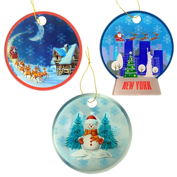Set of 3 Matashi 5D New York City, Santa Claus, Reindeer Printed Christmas Tree Hanging Ornament - Polycarbonate Panel Christmas Tree Decoration for Home, Office, Holiday Party Decor