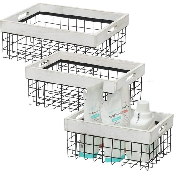 Set of 3 Metal Wire Baskets for Organizing Wood Top with Handles Storage Organizer Farmhouse Decor for Kitchen Cabinets Pantry Laundry Room Bathroom Closets Nesting Countertop Baskets