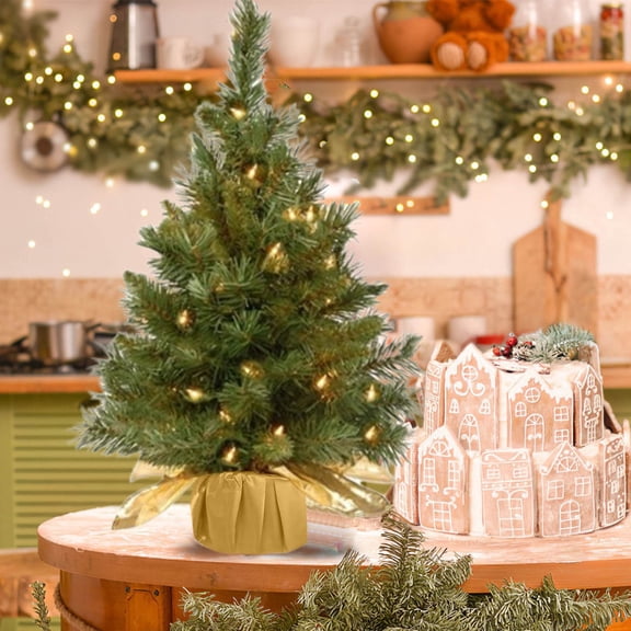 Mini Christmas Tree Decorations - 6 Inch Battery Operated Artificial Tabletop Trees with Glitter Branches for Home, Office, Holiday Village Displays - Ready-to-Gift Festive Decor