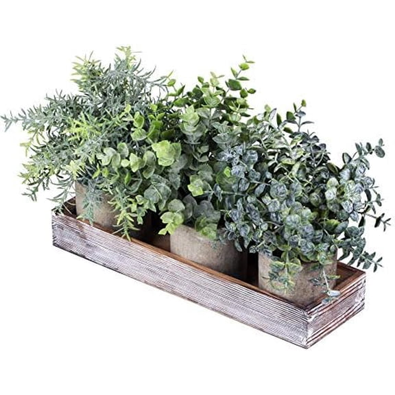 Set of 3 Mini Potted Artificial Eucalyptus Plants Faux Rosemary Plant Assortment with Wood Planter Box for Indoor Office Desk Apartment Wedding Tabletop Greenery Decorations 8.7" Tall$$