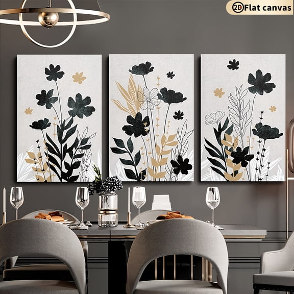 Set of 3 Modern Abstract Floral Canvas Wall Art in 2D Flat Design - Unframed, Suitable for Decorating Living Rooms, Bedrooms, Offices, Hallways, And Kitchens, Perfect As Home Decor Gifts Or Wall Pos