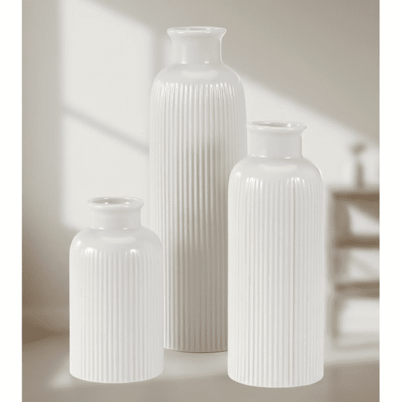 Set of 3 Modern Boho White Ceramic Vases for Farmhouse Decor, Perfect as Floral Centerpieces for Kitchen, Bathroom, Bedroom, Living Room, Office & Shelf Tabletop Decorations