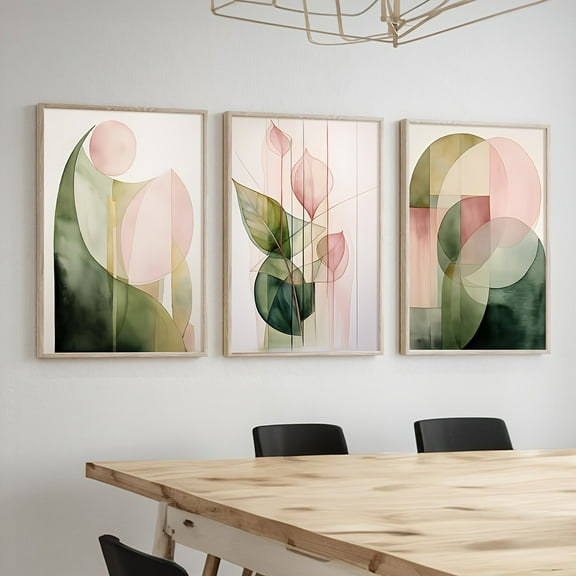 Set of 3 Modern Green Pink Abstract Botanical Wall Art Prints, Watercolour Painting Print, Plant Canvas Posters, Aesthetic Wall Decor, Artwork for Living Room, Bedroom, Kitchen, Office, Cafe, Dining