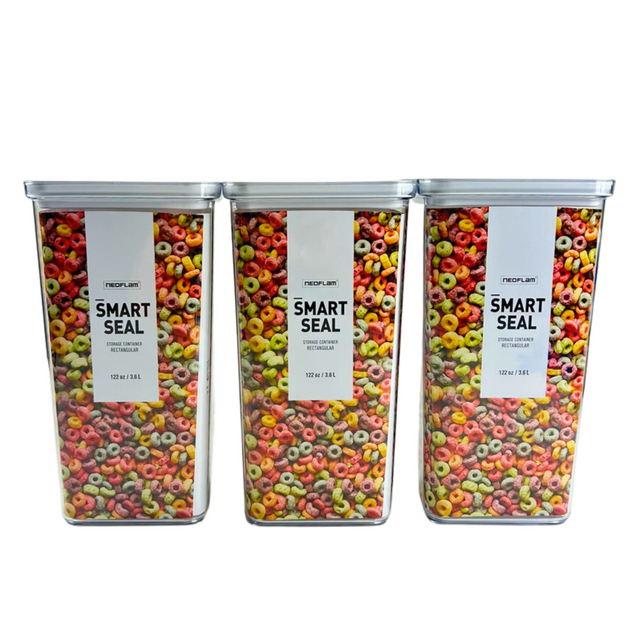(Set of 3) NEOFLAM Airtight Smart Seal Food Storage Container | Crystal Clear Body | Modular, Stackable, Nestable Design | Easy to Clean, BPA Free (3.6L, Rectangular)