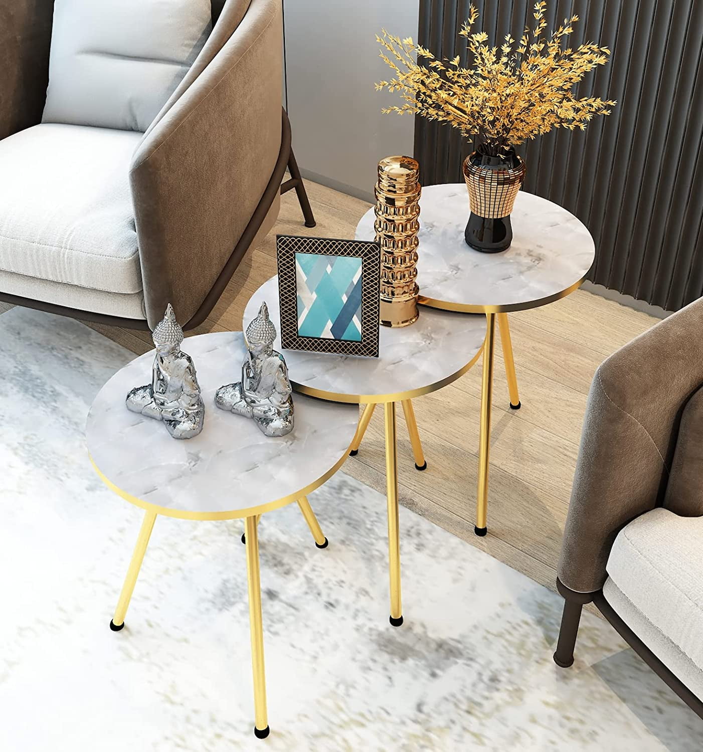 Stacking Stone Table Set of 3 Nesting END Tables-Marble Look Round Stacking Coffee Side ...