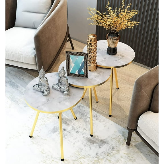 Set of 3 Nesting END Tables-Marble Look Round Stacking Coffee Side Tables for Small Spaces, Nightstand Bedside Table for Living Room, Bedroom, Living Room,Balcony, NO-TOOLS ASSEMBLY (GRAY MARBLE/GOLD)