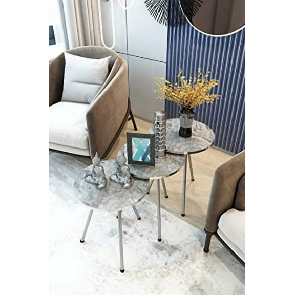 Set of 3 Nesting END Tables - Round Stacking Coffee Side Tables for Small Spaces, Nightstand Bedside Table for Living Room, Bedroom, Living Room, Balcony, NO-Tools Assembly (Gray M