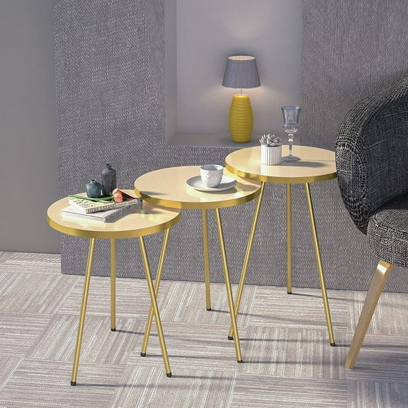 Set of 3 Nesting END Tables - Round Stacking Coffee Side Tables for Small Spaces, Nightstand Bedside Table for Living Room, Bedroom, Living Room, Balcony, NO-Tools Assembly (Beige/Gold, Sunset)