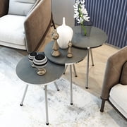 Set of 3 Nesting END Tables - Round Stacking Coffee Side Tables for Small Spaces, Nightstand Bedside Table for Living Room, Bedroom, Living Room, Balcony, Office, NO-Tools Assembly Silver