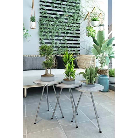 Set of 3 Nesting END Tables - Round Stacking Coffee Side Tables for Small Spaces, Nightstand Bedside Table for Living Room, Bedroom, Living Room,NO-Tools Assembly (White Marble/Sil