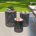 thumbnail image 1 of Set of 3 Outdoor Side Table,Househeld Metal Frame Openwork Pattern Accent Table,Freestanding Modern Cylindrical End Table for Gardens, Balconies, Bedrooms, Living Rooms, (Black), 1 of 10