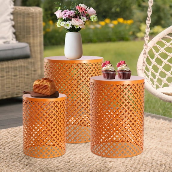 Set of 3 Outdoor Side Table,Househeld Metal Frame Openwork Pattern Accent Table,Freestanding Modern Cylindrical End Table for Gardens, Balconies, Bedrooms, Living Rooms, (Black)