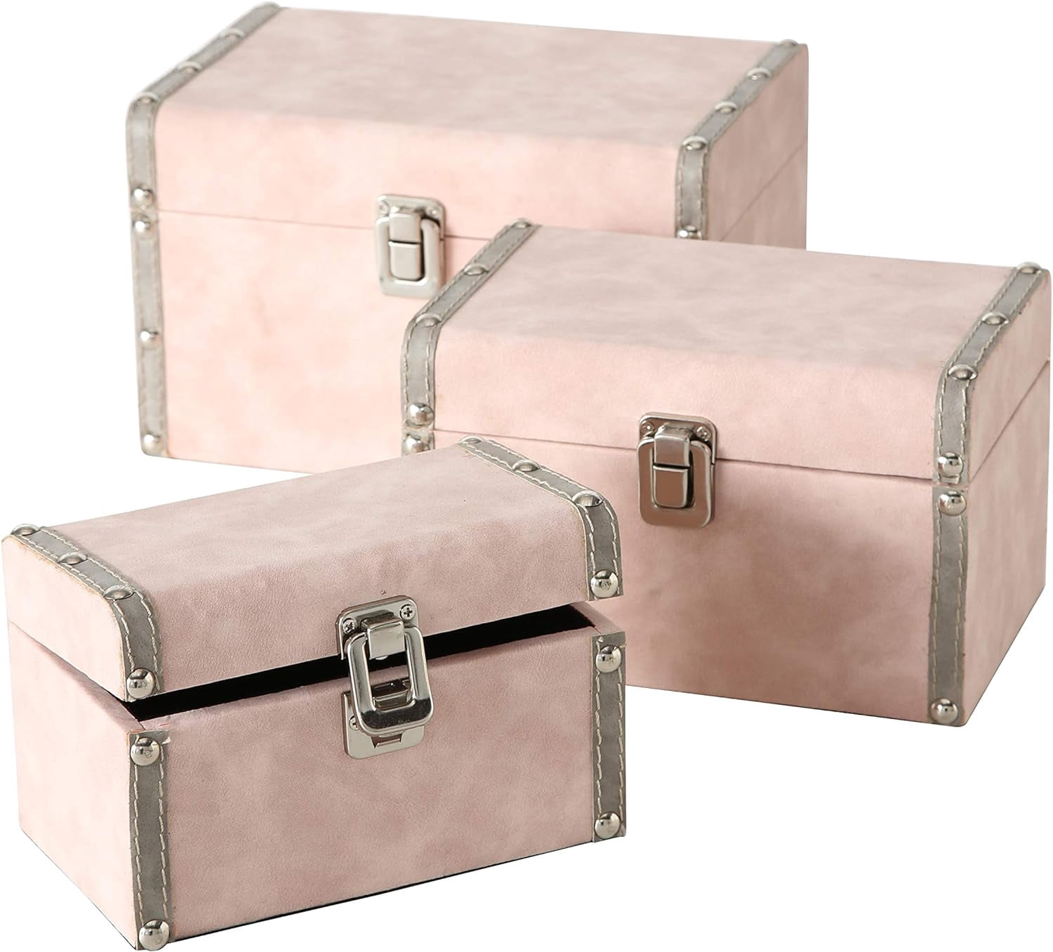 Set of 3, Pale Pink and Grey Decorative Storage Trunks, Stackable, Faux ...