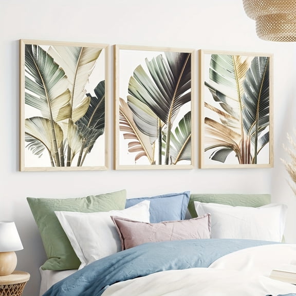 Set of 3 Palm Tree, Wall Art Print, Palm Leaf Print, Botanical Wall Art, Nordic Minimalist Tropical Plant Art Home Living Room Bedroom Wall Decoration, No Frame