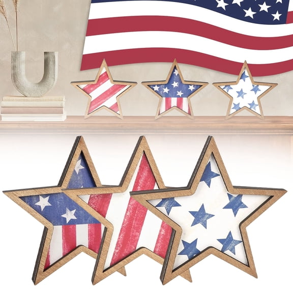 Set of 3 Patriotic Wooden Star Decor, 4th of July Wooden Star Desktop Decoration, Red White Blue Shelf Sitters for Independence Day, Memorial Day & Farmhouse Home Decor