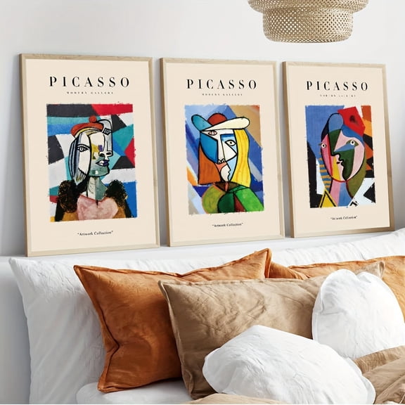Set of 3 Picasso Abstract Face Canvas Prints - Famous Artist Gallery Wall Art for Living Room & Retro Decor