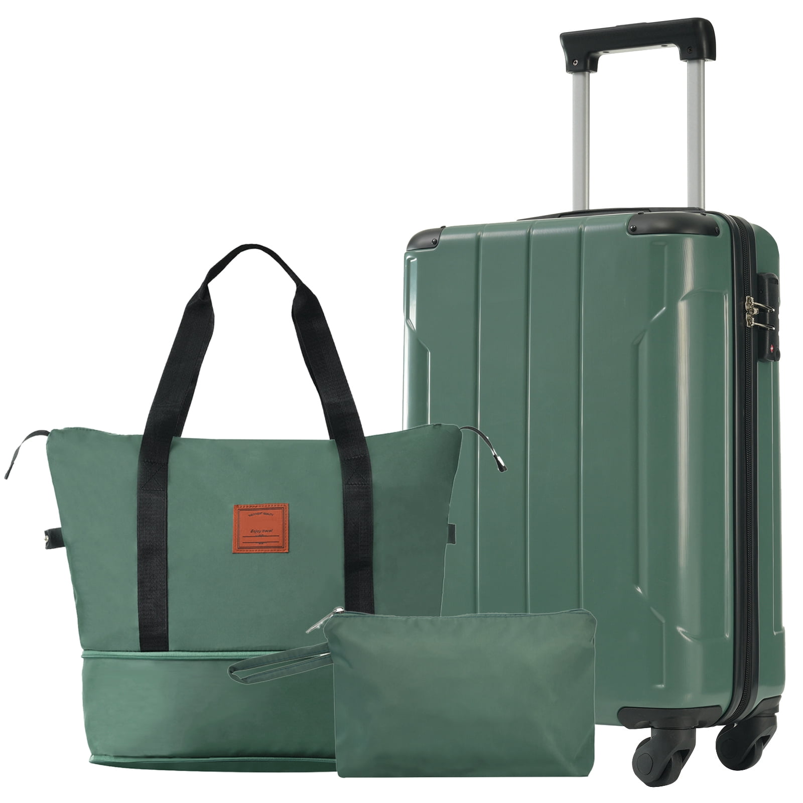 Set 3 Piece 20 Inch Carry On Luggage with Spinner Wheels, Lightweight Hardshell ABS Suitcase for Weedend Getaways, Business Travel, Green
