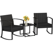 Set 3 Piece Resin Outdoor Bistro Set Rocking Patio Chairs with Cushions and Table for Porch, Poolside, Balcony and Yard Black