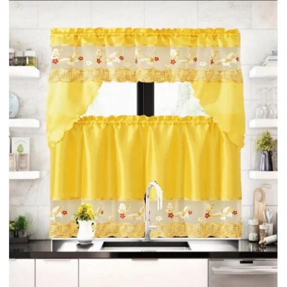 Gorgeous Home Linen Set of 3 Pieces Kitchen Window Curtain Embroidery Floral Multicolor 2 Tier + 1 Swag Valance for Kitchen (BR17 -Yellow)