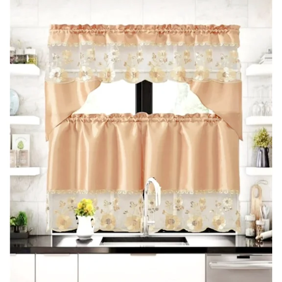 Gorgeous Home Linen Set of 3 Pieces Kitchen Window Curtain Embroidery Floral Multicolor 2 Tier + 1 Swag Valance for Kitchen (BR3 -Gold)