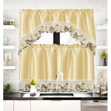 Gorgeous Home Linen Set of 3 Pieces Kitchen Window Curtain Embroidery Floral Multicolor 2 Tier + 1 Swag Valance for Kitchen (BR38-Beige Rooster) price history and forecast - Gorgeous Home Linen