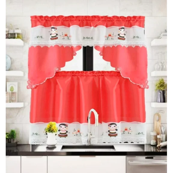 Gorgeous Home Linen Set of 3 Pieces Kitchen Window Curtain Embroidery Floral Multicolor 2 Tier + 1 Swag Valance for Kitchen (BR49 -Red Frida )