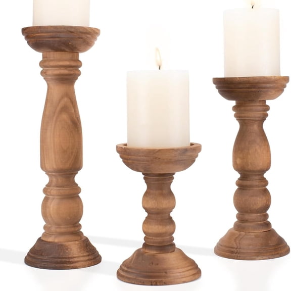 Set of 3 Pillar Candle Holders, Vintage Wooden Candle Holders for Pillar Candles, Rustic Candle Stick Stand for Dining Table Centerpieces, Coffee Tables, Fireplace Mantels