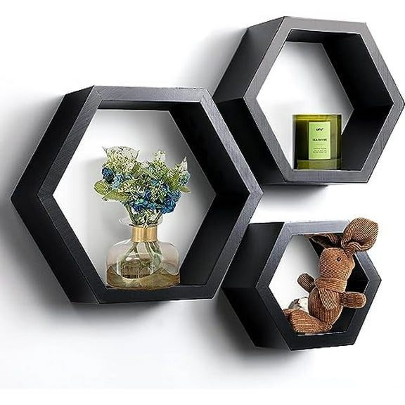 Set of 3 Pine Wood Hexagon Shelves for Wall Decor,Wall Mounted Floating Shelves,Farmhouse Honeycomb Living Room,Hanging Rustic Shelf Racks Bedroom,Nursery, Black, (B2C230007-3SET)