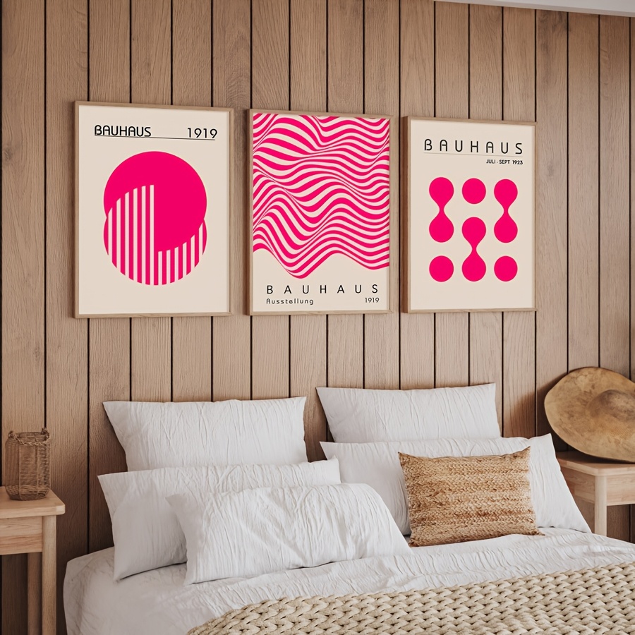 Set of 3 Pink Abstract Geometry Bauhaus Modern Prints, Large Wall Art ...