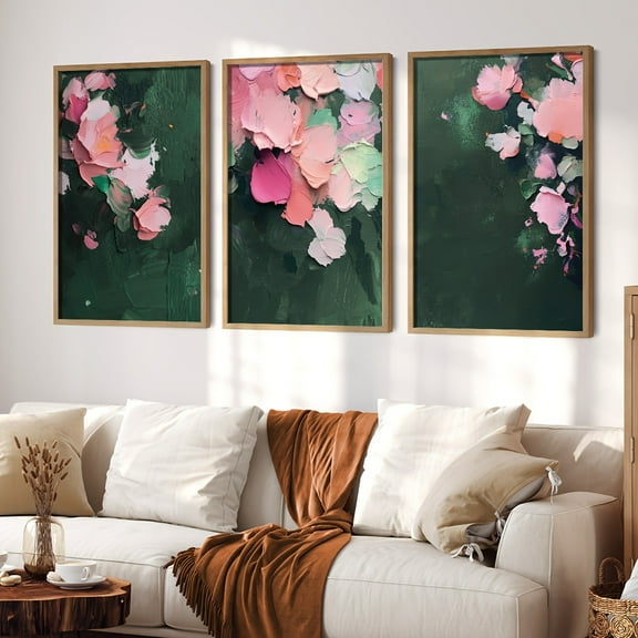 Set Of 3 Pink And Green Water Flowers Abstract Floral Wall Art Decoration Paintings, Modern Abstract Oil Painting Flower Art Posters, Oil Painting Style Decorative Prints, Living Room Art Decoration
