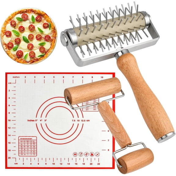 Set of 3 Pizza Kit Including Stainless Steel Pizza Dough Roller, Wooden Docker Rolling Pin and Non-slip Silicone Baking Mat, Dough Hole Maker for Cookie Pie Pastry Crust