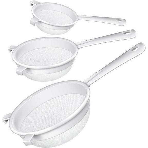 Set of 3 Plastic Nylon Mesh Strainer Colander with Handle Double Ear Fine Food Mesh Strainer Flour Sifter for Baking Kitchen Colander Sifter Kefir Tea Juice Pasta Filter Lightweight