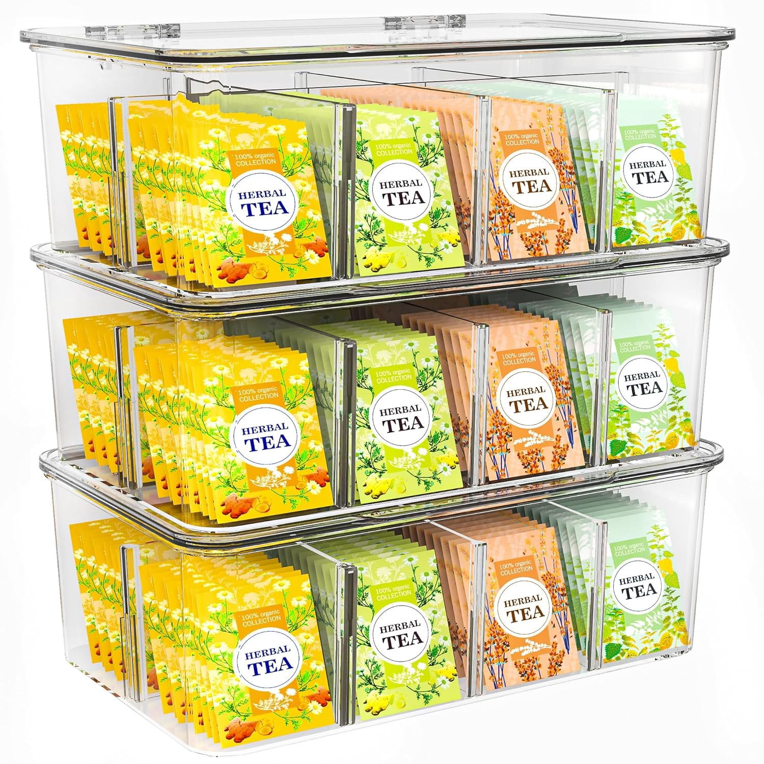 Utopia Home - Tea Bag Organizer With Lids, Clear Pantry Storage Box - 3 Pack Stackable Partition Organizers or Holder With Lids For Drawers, Countertops, Fridge, Kitchen, Snack & Spice Organization