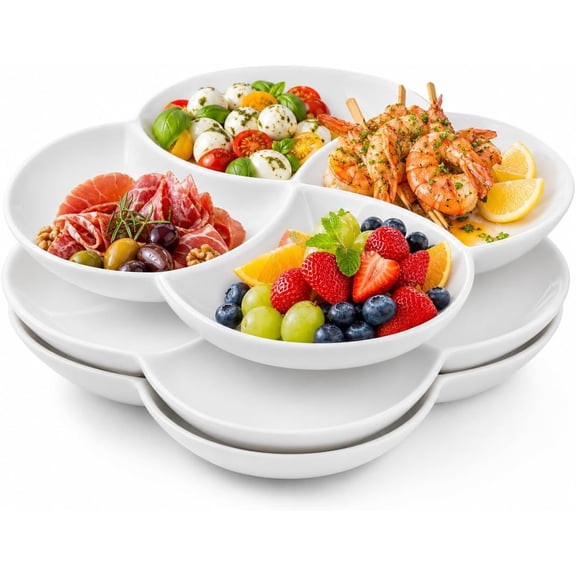 Set of 3 Porcelain Appetizer Platter with 4 Compartment, Flower-shaped Candy and Nut Serving Tray Snack Serving Plate Dishes for Vegetables, Fruit, Dessert, 10'' x 10'', White